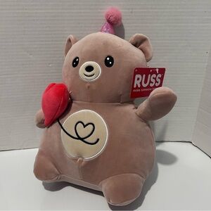 Russ Brown Bear Plush Toy with Red Heart and pink party hat